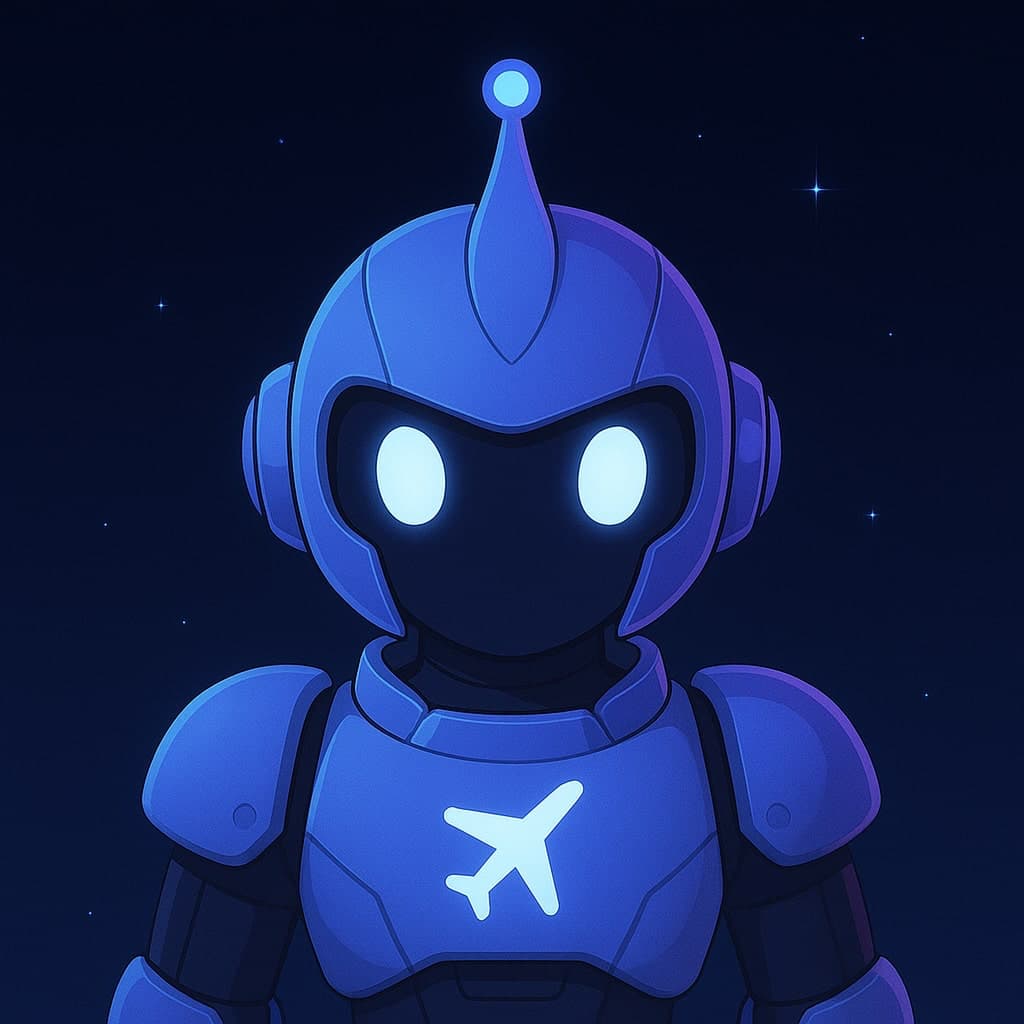 The FlightPowers search engine mascot: a blue robot with a glowing plane emblem